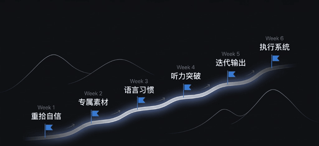 六週 OIO 闖關路徑示意：發光路線與每週主題旗標